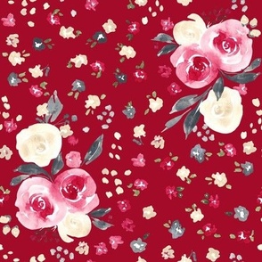 Christmas Floral red, 9 inch fabric 24 inch wallpaper, watercolor floral, Christmas watercolor, watercolor rose, Christmas rose