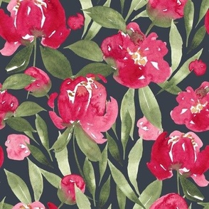 Pretty Peony grey, 9 inch fabric 24 inch wallpaper,  watercolor floral, watercolor peony, red and green floral, Christmas floral