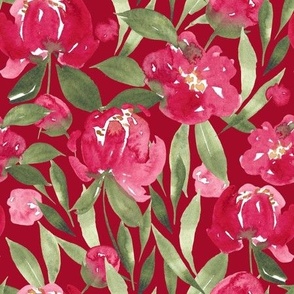 Pretty Peony red, 9 inch fabric 24 inch wallpaper,  watercolor floral, watercolor peony, red and green floral, Christmas floral