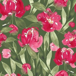 Pretty Peony green, 9 inch fabric 24 inch wallpaper  watercolor floral, watercolor peony, red and green floral, Christmas floral