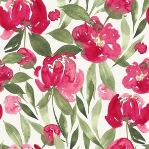Pretty Peony cream, 9 inch fabric 24 inch wallpaper, watercolor floral, watercolor peony, red and green floral, Christmas floral