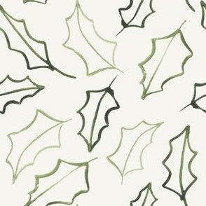 tossed holly cream, 6 inch fabric 24 inch wallpaper, holly leaf, Christmas, watercolor Christmas 