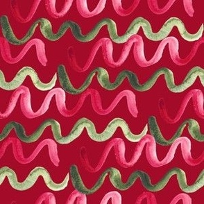 Organic Christmas stripe, watercolor on red / medium / festive wiggly lines