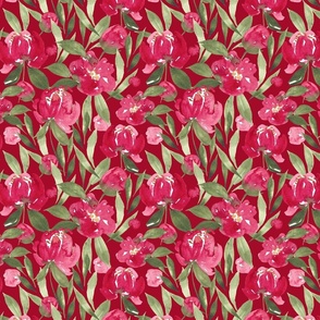 Pretty Peony red and green, 8 inch fabric 24 inch wallpaper, Christmas floral, floral watercolor, peony