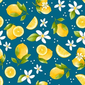 Large Scale Yellow Lemons and White Blossoms on Turquoise
