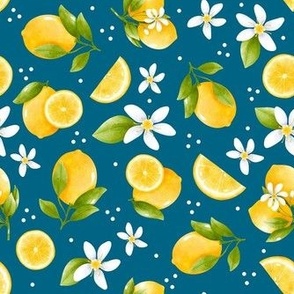 Medium Scale Yellow Lemons and White Blossoms on Turquoise