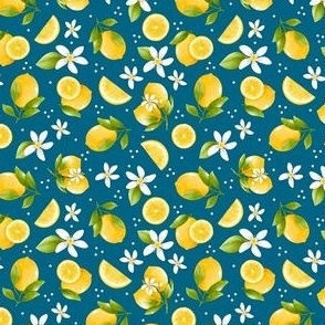 Small Scale Yellow Lemons and White Blossoms on Turquoise