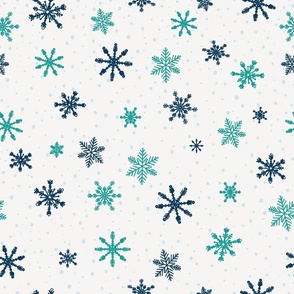 Large - Navy Blue and Aqua Winter Snowflakes on Ivory in snow