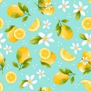 Medium Scale Yellow Lemons and White Blossoms on Bright Aqua