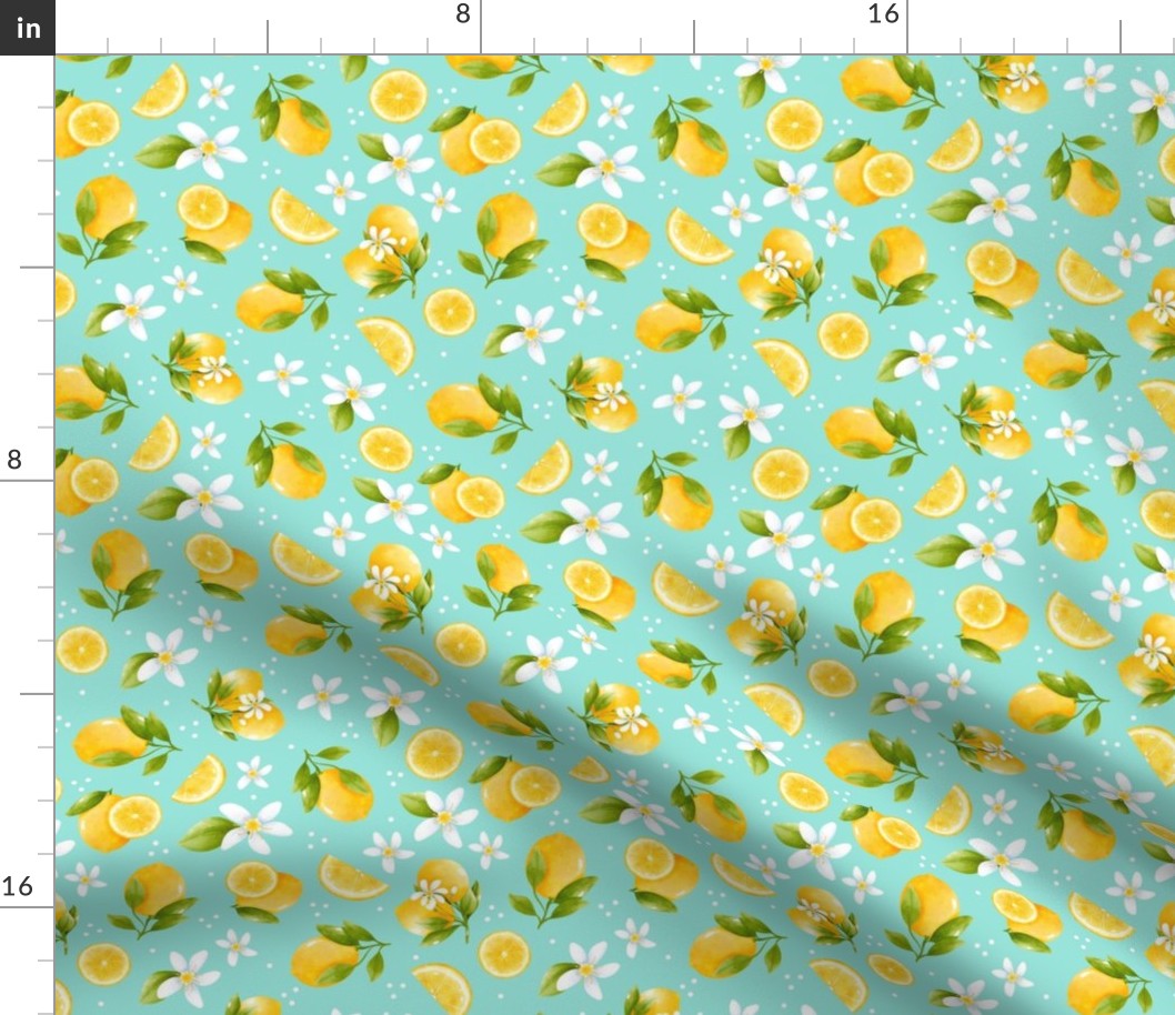 Medium Scale Yellow Lemons and White Blossoms on Bright Aqua