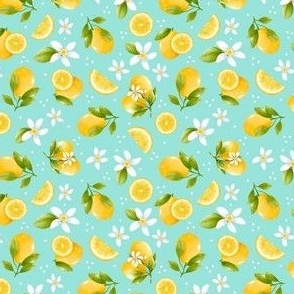 Small Scale Yellow Lemons and White Blossoms on Bright Aqua