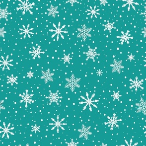Large - White Winter Snowflakes on Aqua Blue in snow