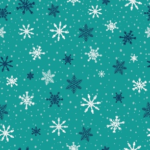 Large - White and Navy Winter Snowflakes in snow on Aqua background
