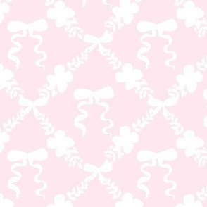 A hand illustrated  ribbon bow and floral leaves on pink