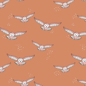 Cute freehand minimalist owl design woodland fall animals for kids boho style pink blush on burnt orange
