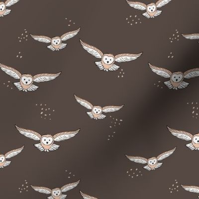 Cute freehand minimalist owl design woodland fall animals for kids boho style chocolate coffee brown neutral boys palette