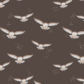 Cute freehand minimalist owl design woodland fall animals for kids boho style chocolate coffee brown neutral boys palette