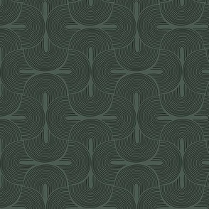 Retro groovy freehand pattern seventies wallpaper rainbows thin line black on pine green winter