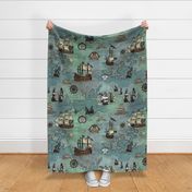 Pirate Ships 50% Bigger Blue Nautical Map