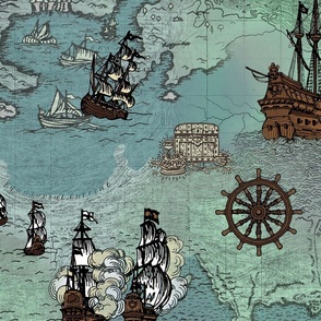 Pirate Ships 50% Bigger Blue Nautical Map
