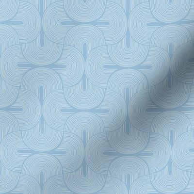 Retro groovy freehand pattern seventies wallpaper rainbows thin lines white on blue 