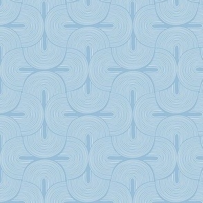 Retro groovy freehand pattern seventies wallpaper rainbows thin lines white on blue 