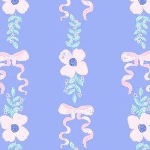 A hand illustrated  ribbon bow and floral leaves on blue