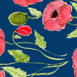Red Watercolor poppies on dark blue Rotated
