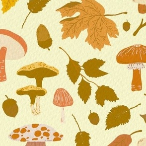 Ode to Fall - Mustard Glaze - Autumn, Mushrooms, Branch, Twig, Leaves, Berries, Acorns