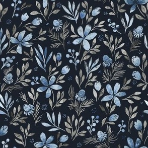 Cute and simple watercolor wildflowers. Hand painted delicate flowers, leaves and herbs in indigo shades on dark blue background