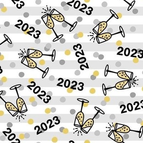 2023 New Year's Toast with Silver & Gold Confetti on Stripe 