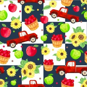 Large Scale Country Roads Red Trucks Sunflowers Apples on Navy and White Checkerboard