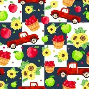Medium Scale Country Roads Red Trucks Sunflowers Apples on Navy and White Checkerboard