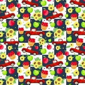 Small Scale Country Roads Red Trucks Sunflowers Apples on Navy and White Checkerboard