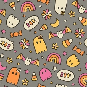 Cute Halloween Doodle: Pink & Orange on Gray (Large Scale)