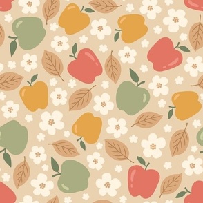 Apples, Blossoms & Leaves on Greige (Large Scale)