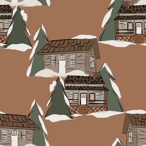 Winter Cabin (Sienna)(Large Scale)(10.5" Fabric/12" Wallpaper)