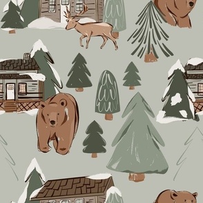 Cozy Cabin (Green)(Large Scale)(10.5" Fabric/12" Wallpaper)