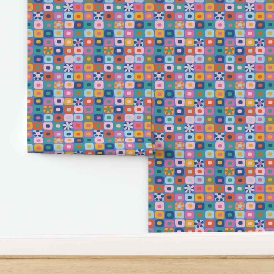 Abstract Geometric Bright and Pastel Colorful Squares with Flowers on Blue Non Directional