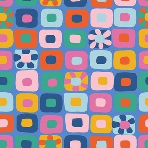 Abstract Geometric Bright and Pastel Colorful Squares with Flowers on Blue Non Directional
