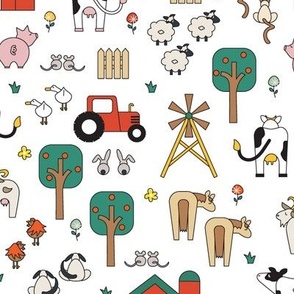 Cow, Pig, Goat, Dog, Cat, Sheep, Chicken, Duck and Horse Butts with Barn, Tractor and Windmill on White Ground Gender Neutral