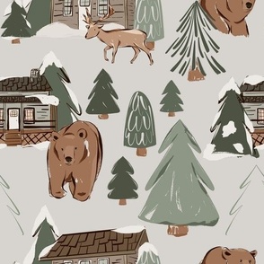 Cozy Cabin (Grey)(Large Scale)(10.5" Fabric/12" Wallpaper)