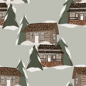 Winter Cabin (Green)(Large Scale)10.5" Fabric/12" Wallpaper)