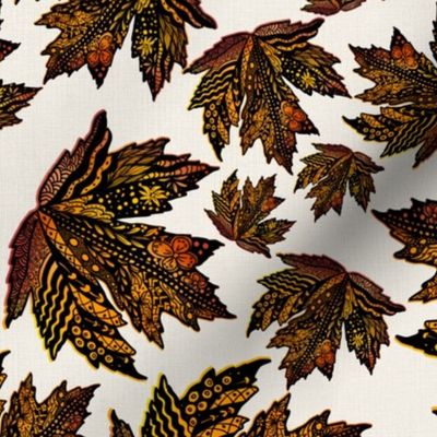 Handdrawn doodled autumn fall maple leaves tossed on ivory white smoke