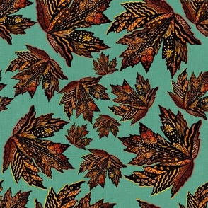 Handdrawn doodled autumn fall maple leaves tossed on light teal canvas