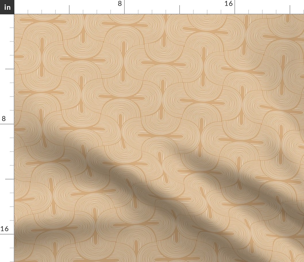 Retro groovy freehand pattern seventies wallpaper rainbows thin line white on caramel gold LARGE