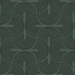 Retro groovy freehand pattern seventies wallpaper rainbows thin line black on pine green winter LARGE