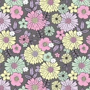 Scandinavian vintage style daisy flower garden boho botanical leaves and blossom neutral nursery nineties pastel palette lilac pink mint yellow on gray 