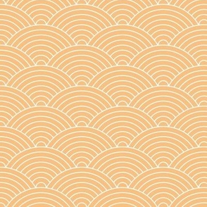 Japanese minimalist ocean waves traditional block print pattern curved rainbows spring summer white on apricot orange