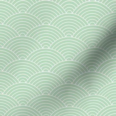Japanese minimalist ocean waves traditional block print pattern curved rainbows spring summer white on mint green